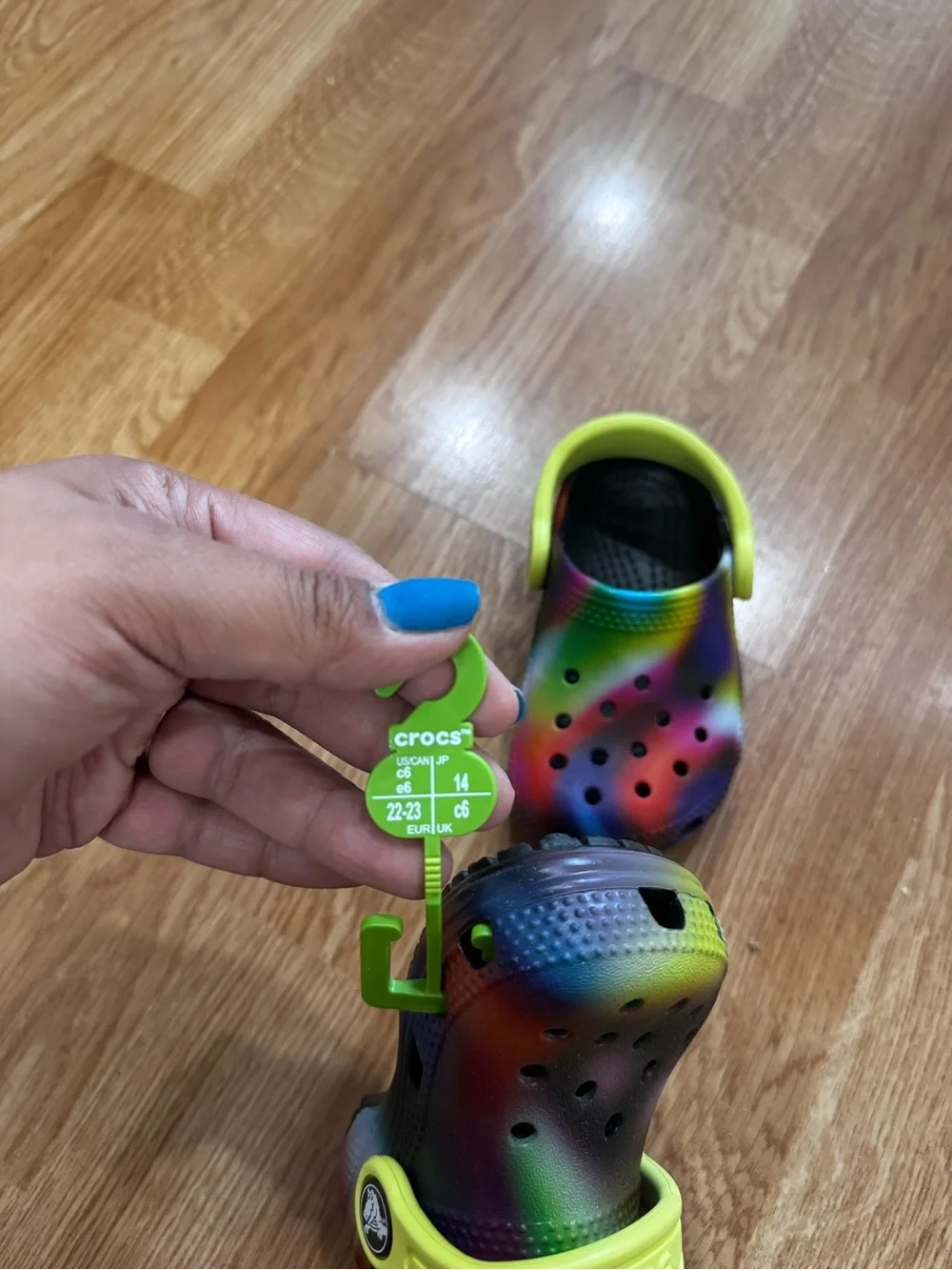 Crocs Kids Classic Rainbow Tie-Dye Clog with Neon Yellow Strap size 6C
